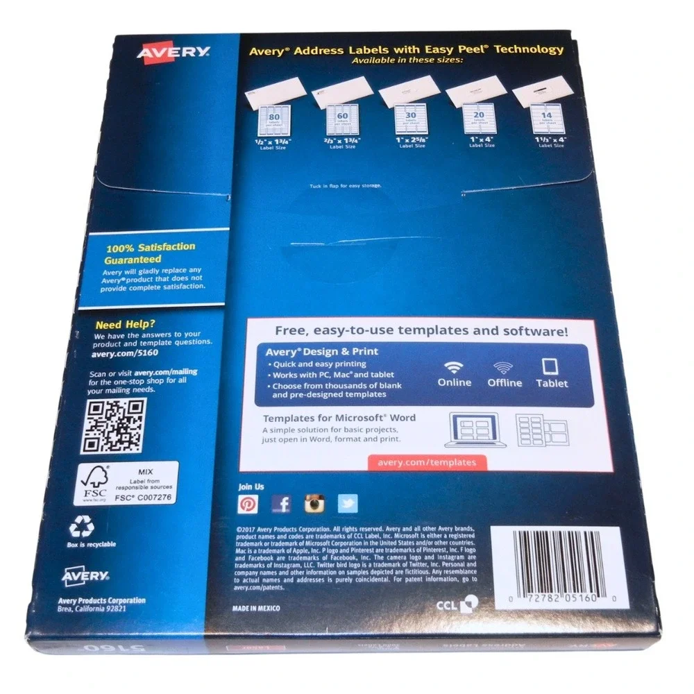 Avery 5160 Easy Peel Address Labels White Laser 1x2-5/8 In 3000 Count 100 Sheets